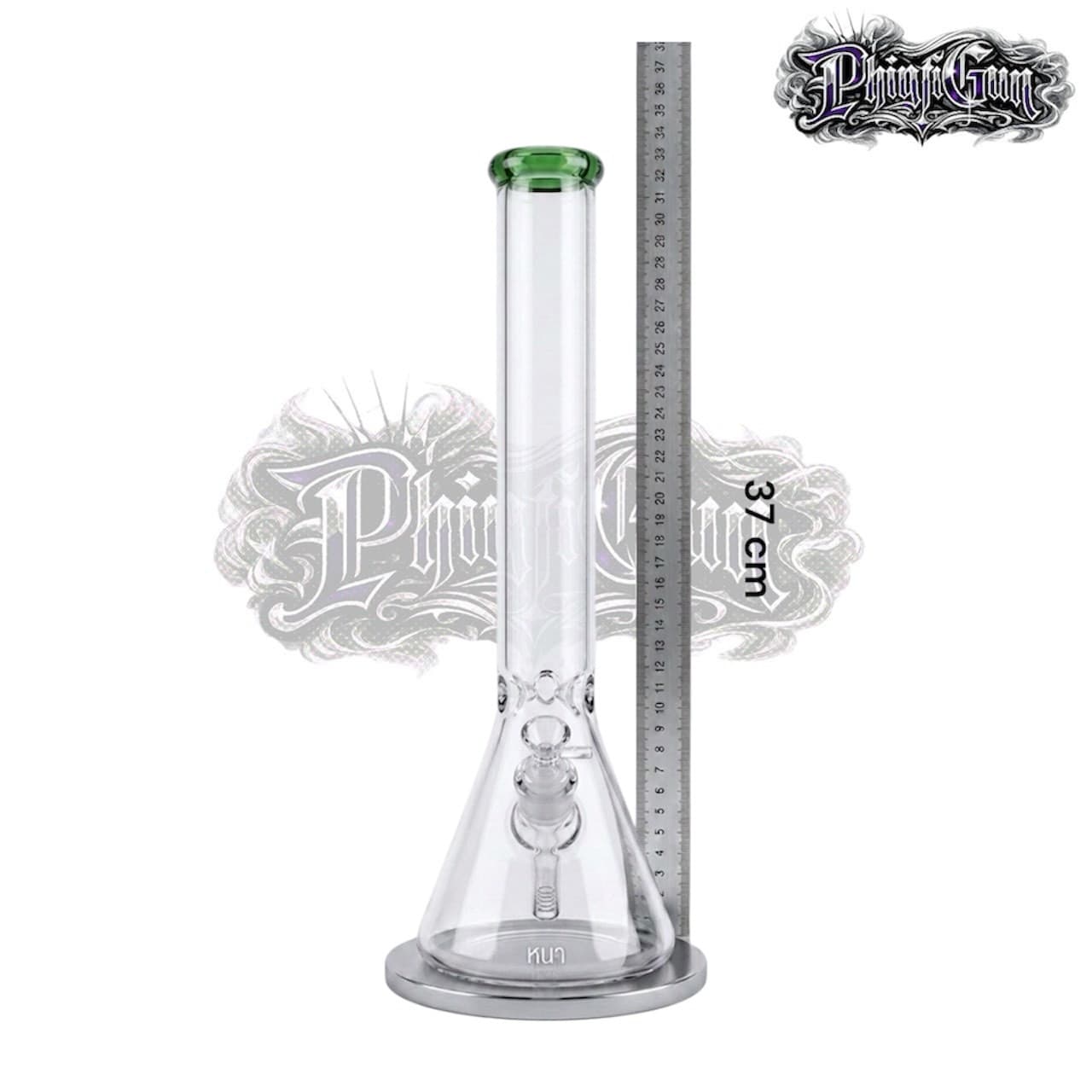 (สินค้าหมดชั่วคราว)บ้องแก้วทรงบีกเกอร์ ขนาดใหญ่ 37 cm แก้วหนา7mm ปากขอบเขียว มีที่กั้นน้ำแข็ง อุปกรณ์สายเขียวครบเซ็ท