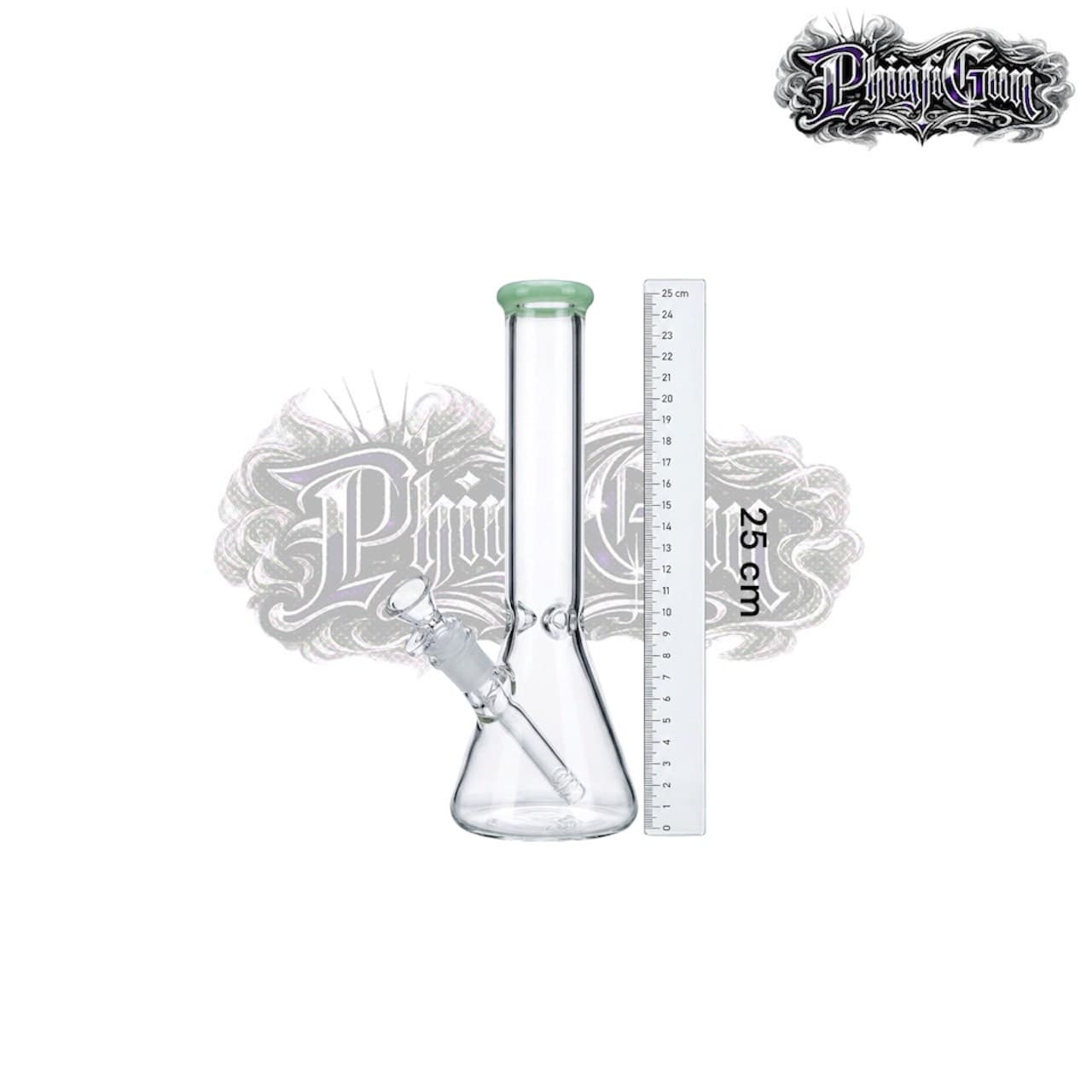 (สินค้าหมด)บ้องแก้วทรงบีกเกอร์ ขนาด 25 cm แก้วใสขอบปากเขียวมิ้นท์ มีที่กั้นน้ำแข็ง อุปกรณ์สายเขียวครบเซ็ท
